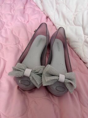 Mini Melissa Glitter Pink Jelly Flats with Silver Bow